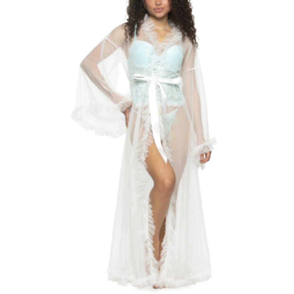 Jezebel Women's Veil Tulle Wide Sleeves Ruffle Peignoir Cloud Dancer NWT
